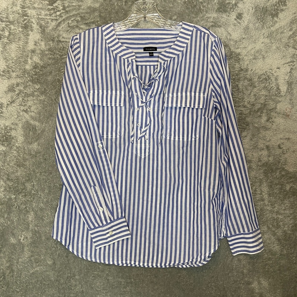 Talbots Women Striped Popover Shirt S Coastal Nautical Contemporary Roll Tab